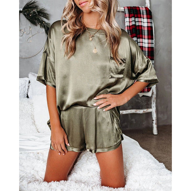 Pure Color Satin Pajamas Home Service Short-sleeved Shorts - TRADINGSUSAArmy GreenLPure Color Satin Pajamas Home Service Short-sleeved ShortsTRADINGSUSA