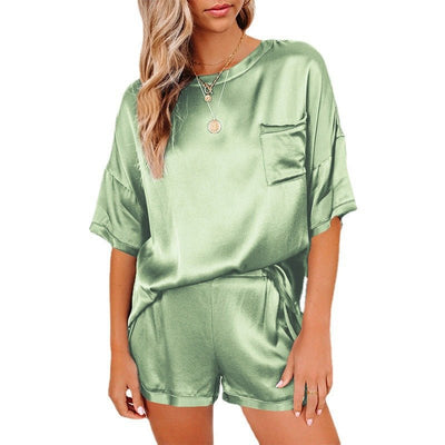 Pure Color Satin Pajamas Home Service Short-sleeved Shorts - TRADINGSUSABean greenLPure Color Satin Pajamas Home Service Short-sleeved ShortsTRADINGSUSA