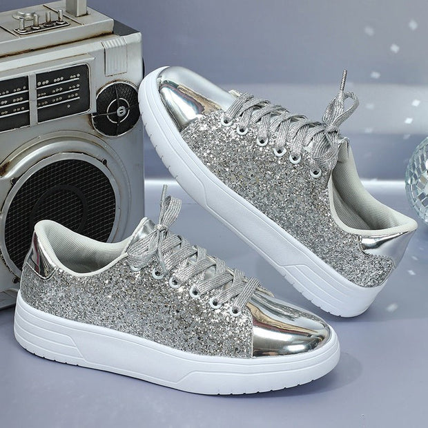 Glitter Sequin Design Flats Shoes Women Trendy Casual Thick-soled Lace-up Sneakers Fashion Skateboard Shoes - TRADINGSUSASilverSize35Glitter Sequin Design Flats Shoes Women Trendy Casual Thick-soled Lace-up Sneakers Fashion Skateboard ShoesTRADINGSUSA
