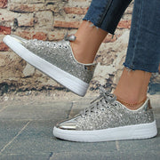 Glitter Sequin Design Flats Shoes Women Trendy Casual Thick-soled Lace-up Sneakers Fashion Skateboard Shoes - TRADINGSUSARose RedSize35Glitter Sequin Design Flats Shoes Women Trendy Casual Thick-soled Lace-up Sneakers Fashion Skateboard ShoesTRADINGSUSA