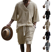 Casual Jacquard Suits Summer V-neck Short-sleeved T-shirt - TRADINGSUSA