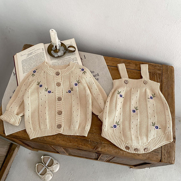 Children's Embroidery Hollow Knitted Coat Romper 2-piece Set