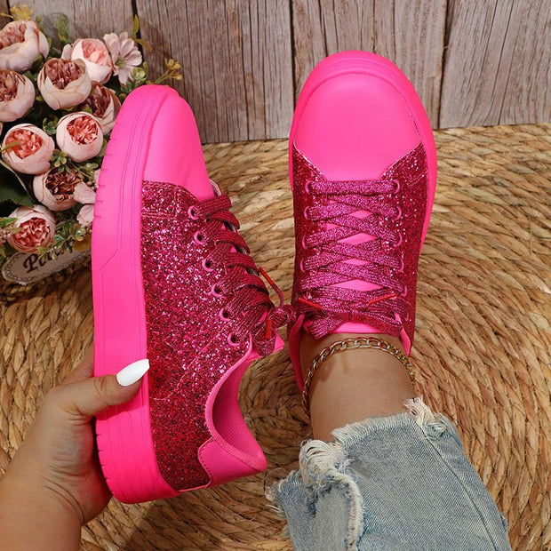 Glitter Sequin Design Flats Shoes Women Trendy Casual Thick-soled Lace-up Sneakers Fashion Skateboard Shoes - TRADINGSUSARose RedSize35Glitter Sequin Design Flats Shoes Women Trendy Casual Thick-soled Lace-up Sneakers Fashion Skateboard ShoesTRADINGSUSA