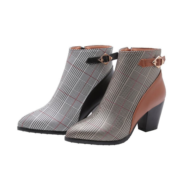 Retro Check Pattern Pointed Toe Ankle Boots Chunky Heel - TRADINGSUSABlack32Retro Check Pattern Pointed Toe Ankle Boots Chunky HeelTRADINGSUSA