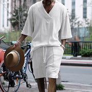 Casual Jacquard Suits Summer V-neck Short-sleeved T-shirt