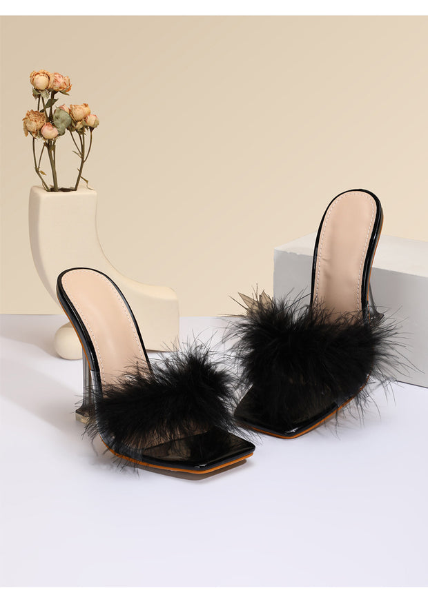 Women's Fashion Shoes Furry Transparent Broadband Crystal Heel Stiletto Heel Sandals