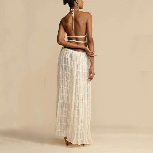 2pcs Women's Dress Suit Sexy Sleeveless Backless Cropped Halter Top And Pleated Long Dress - TRADINGSUSAYellowS2pcs Women's Dress Suit Sexy Sleeveless Backless Cropped Halter Top And Pleated Long DressTRADINGSUSA