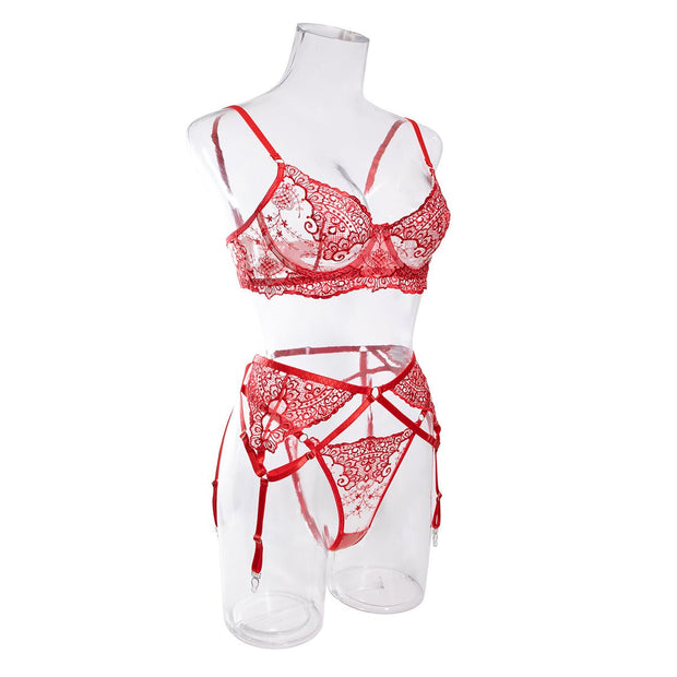 Christmas Red New Style Machine Embroidery Three-piece Underwear For Women - TRADINGSUSARedSChristmas Red New Style Machine Embroidery Three-piece Underwear For WomenTRADINGSUSA