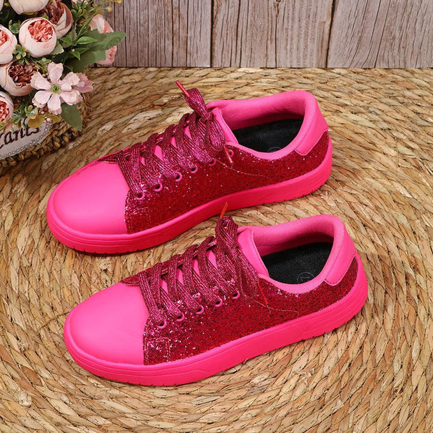 Glitter Sequin Design Flats Shoes Women Trendy Casual Thick-soled Lace-up Sneakers Fashion Skateboard Shoes - TRADINGSUSARose RedSize35Glitter Sequin Design Flats Shoes Women Trendy Casual Thick-soled Lace-up Sneakers Fashion Skateboard ShoesTRADINGSUSA