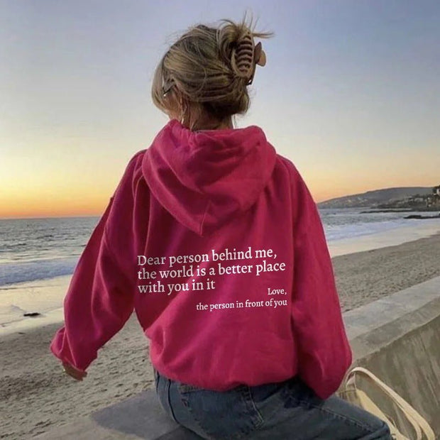 Dear Person Behind Me,the World Is A Better Place,with You In It,love,the Person In Front Of You,Women's Plush Letter Printed Kangaroo Pocket Drawstring Printed Hoodie Unisex Trendy Hoodies - TRADINGSUSARedSDear Person Behind Me,the World Is A Better Place,with You In It,love,the Person In Front Of You,Women's Plush Letter Printed Kangaroo Pocket Drawstring Printed Hoodie Unisex Trendy HoodiesTRADINGSUSA