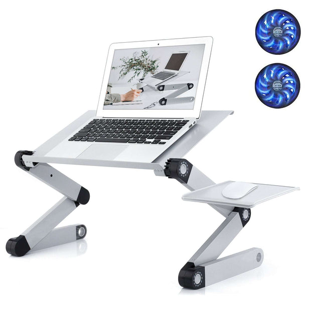 Adjustable Laptop Stand, Laptop Desk with 2 CPU Cooling USB Fans for Bed Aluminum Lap Workstation Desk with Mouse Pad, Foldable Cook Book Stand - TRADINGSUSASilverAdjustable Laptop Stand, Laptop Desk with 2 CPU Cooling USB Fans for Bed Aluminum Lap Workstation Desk with Mouse Pad, Foldable Cook Book StandTRADINGSUSA