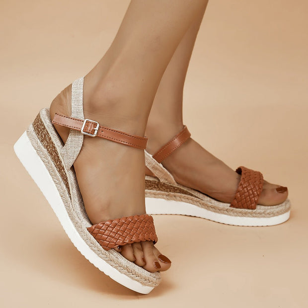 Summer Thick-soled Braided Design Sandals New Fashion Casual Linen Buckle Wedges Shoes For Women - TRADINGSUSABrownSize36Summer Thick-soled Braided Design Sandals New Fashion Casual Linen Buckle Wedges Shoes For WomenTRADINGSUSA