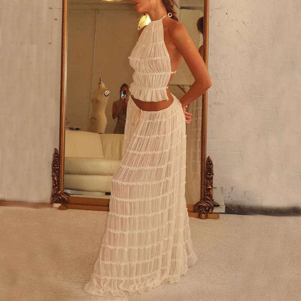 2pcs Women's Dress Suit Sexy Sleeveless Backless Cropped Halter Top And Pleated Long Dress - TRADINGSUSAWhiteS2pcs Women's Dress Suit Sexy Sleeveless Backless Cropped Halter Top And Pleated Long DressTRADINGSUSA