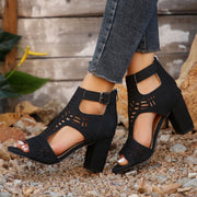 New High Square Heel Hollow Roman Shoes With Back Zipper Design Summer Fashion Sandals For Women - TRADINGSUSABlackSize36New High Square Heel Hollow Roman Shoes With Back Zipper Design Summer Fashion Sandals For WomenTRADINGSUSA